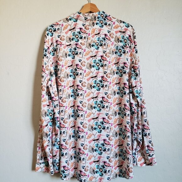 Talbots Floral Bird Button Front Tunic Top Roll Tab Sleeves Multi Size Womens 2X - Picture 9 of 11